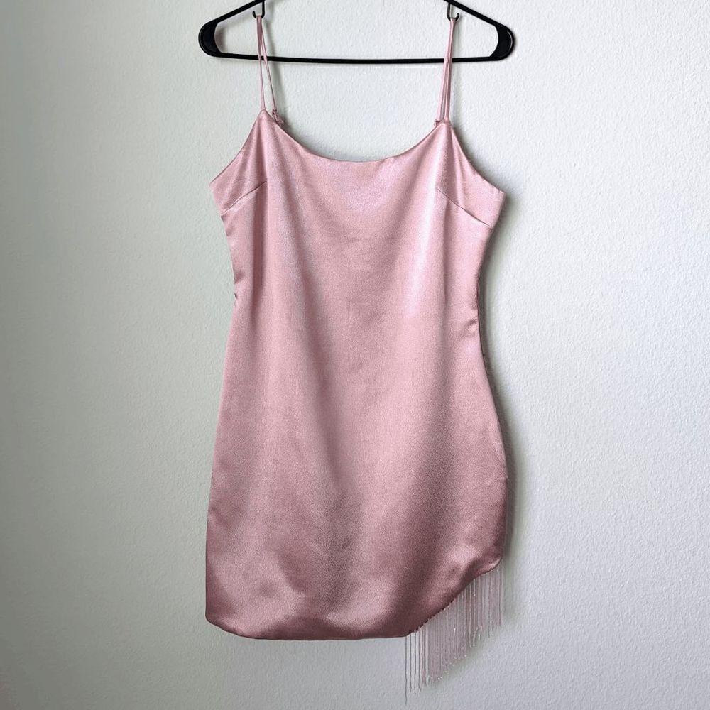 Women's City Studio Fringe-Hem Bodycon Mini 7/8 Pale Rose Pink Zip Barbie Party